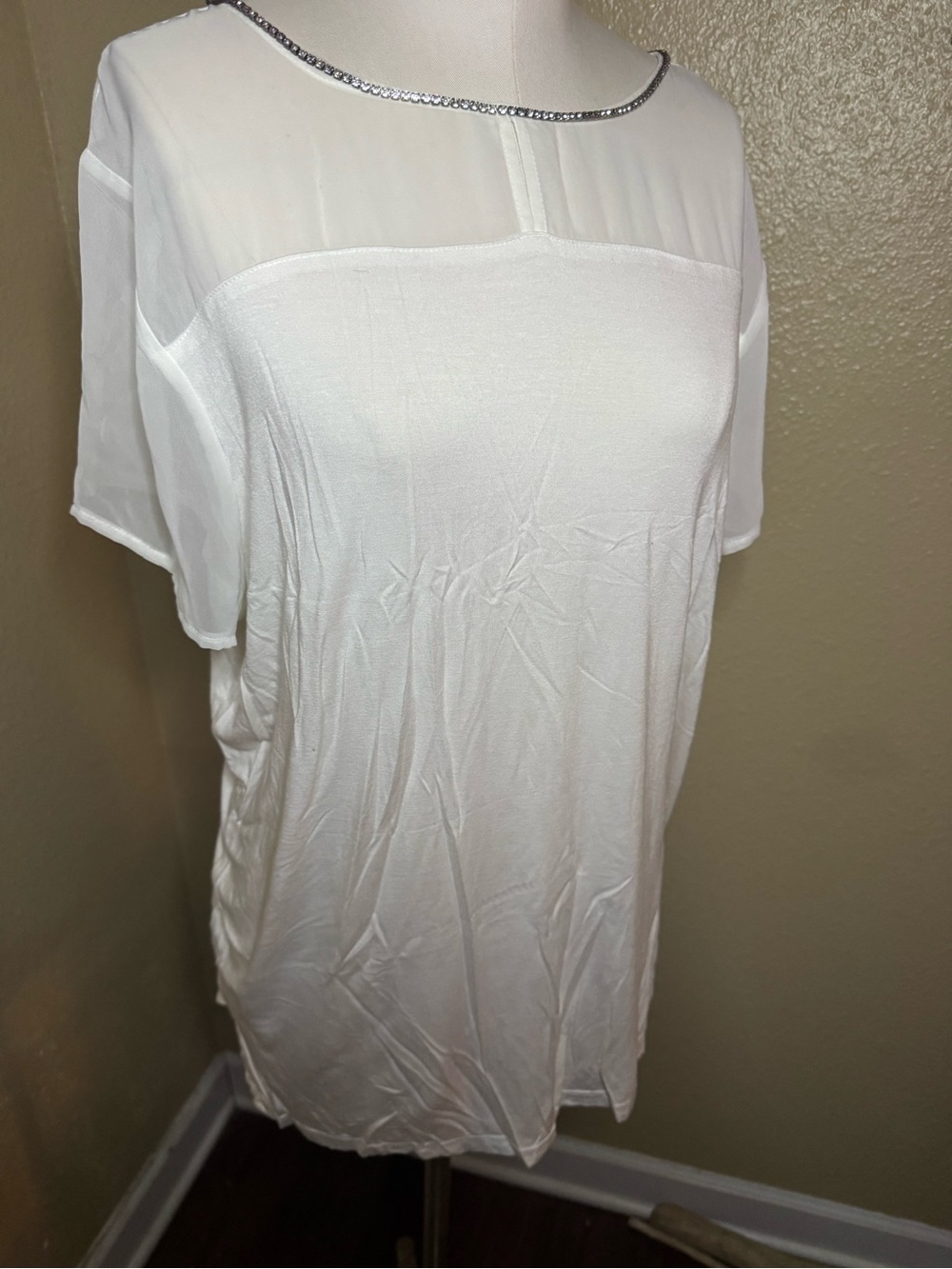 Worthington White Short Sleeve Top with Sheer Yoke and Trim